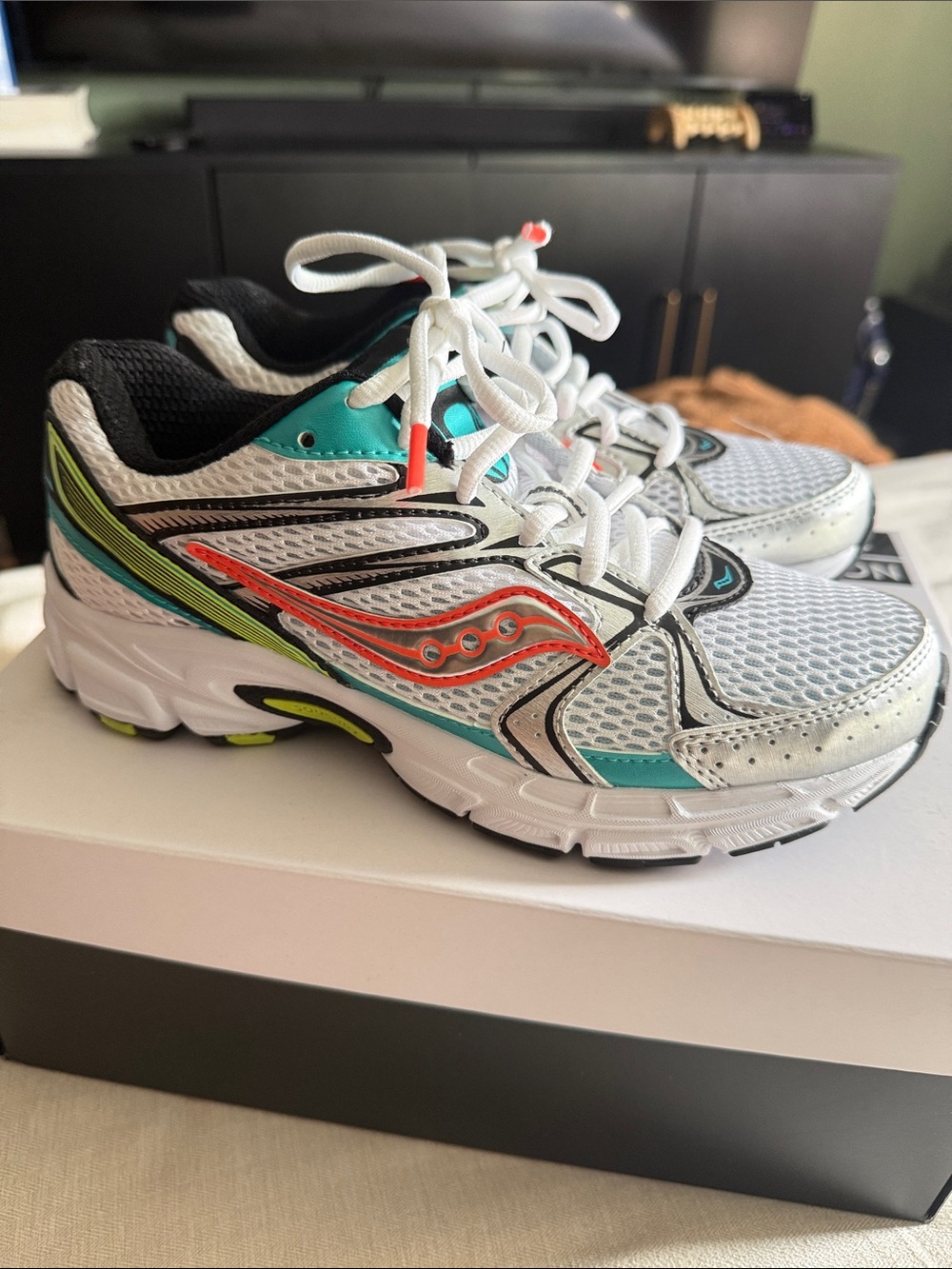 Saucony Unisex White Teal & Neon Coral Athletic Sneakers